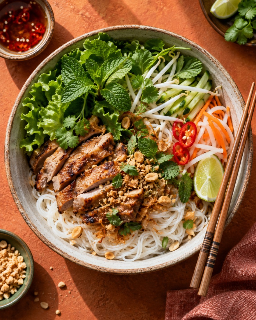 A bowl of rice noodles with fresh herbs, lime and chilli